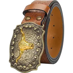 Men-Classic-Leather-Belts - Vintage-Western-Cowboy Embossed-Belts with Longhorn-Bull-Buckle for Women-Jeans-Pants