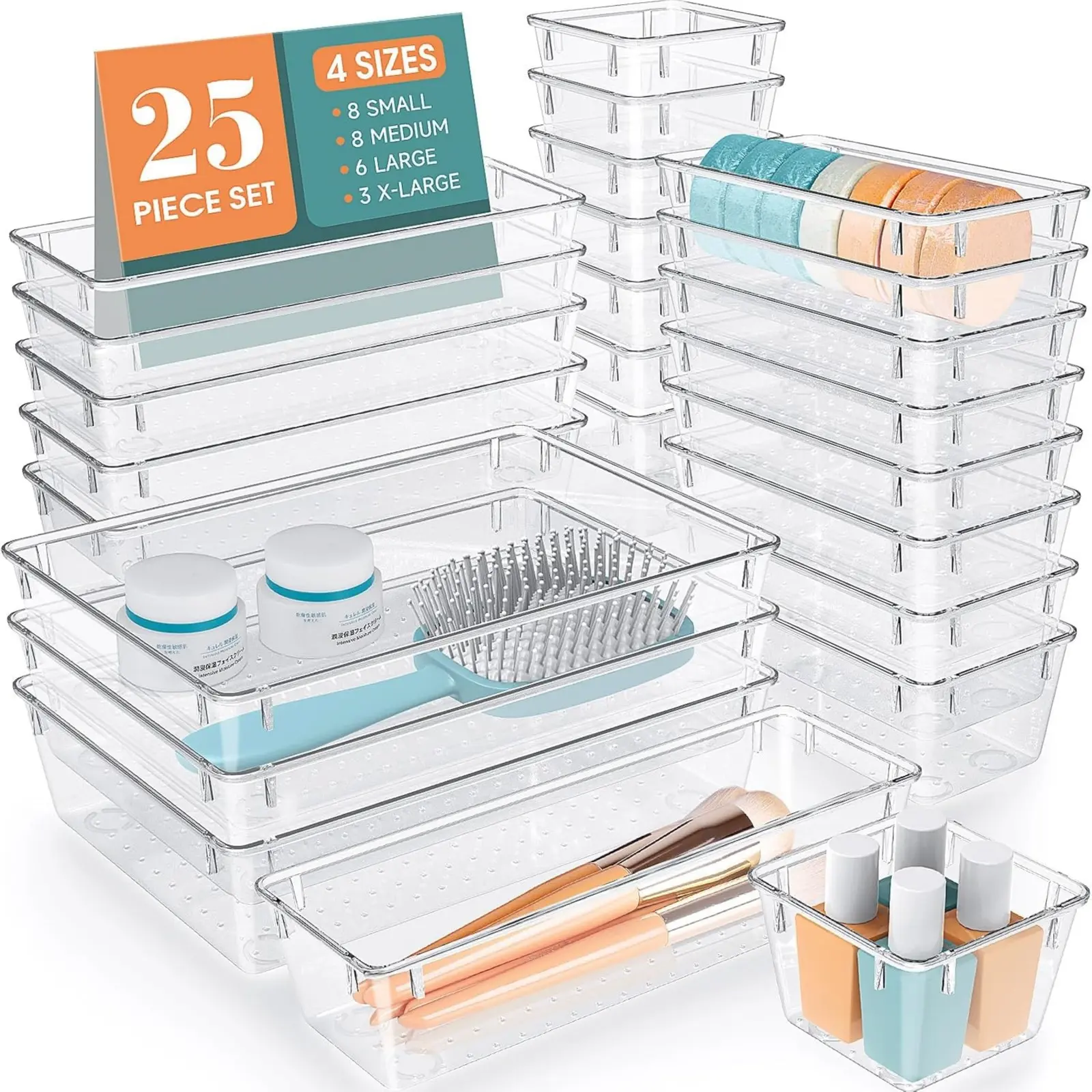 25 PCS Clear Plastic Drawer Organizer Set, 4 Sizes Desk Drawer Divider Organizers and Storage Bins for Makeup, Jewelry, Gadgets for Kitchen, Bedroom Organizing Tool Divided Compartments
