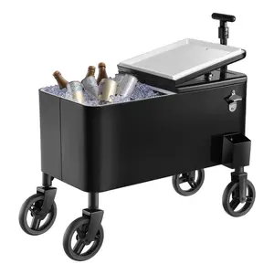 VEVOR 80 Quart Rolling Ice Chest Cart, with 2-Stage Telescopic Pull Handle and 2 Swivel Casters, Portable Table Beach Patio Party Bar Cold Drink Beverage, Outdoor Park Cart on Wheels, Black