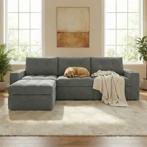 L-Shaped 3-Piece Modular Corduroy Sectional Couch Set, 4-Seat Fixed-Arm Sofa with Ottoman, Modern Living Room Decor, Comfortable Indoor Seating Furniture