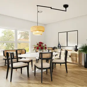 AEYEE Adjustable Arm Bamboo Pendant Light Fixture Boho Swing Arm Basket Weave Hanging Light Vintage Round Shape Ceiling Pendant Light for Kitchen Island Dining Room