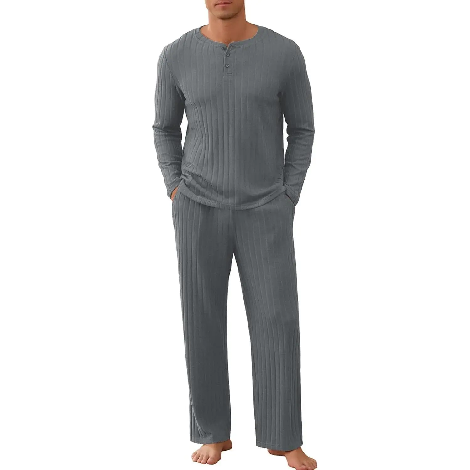 Men's Classic Henley Pajama Set, 2-Piece Long Sleeve Polyester Sleepwear & Loungewear with Side Pockets, Gift for Father's Day, Birthdays, Clothes, Elegant, Pants, Elastic Waist, Festivals, Collared Neck