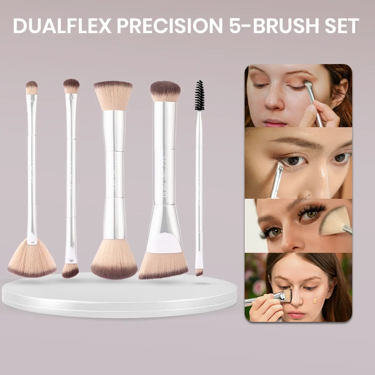 RUBY VIBE CO DualFlex Precision 5-Brush Set-Travel Makeup Brush Set with Dual Ended Makeup Brush, Foundation Brush for Liquid Makeup, Eyeshadow Brush Set, Setting Powder Brush for Face and Eyes