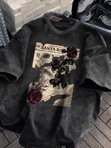 Casual Vintage Round Neck Women’s Short Sleeve Floral Shirt with Rose Theme Print, Washed Effect for All Seasons, Fitted Graphic Style Top