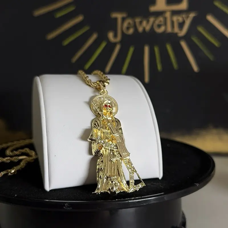 Santa Muerte Pendant Necklace - Gold-Plated Baroque Heart 1-Piece Unisex Wear Jewelry, 4mm 24-in Rope Chain, Luxury Packaging, Anniversary Gifts (Includes Pendant), One-Piece