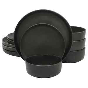 Gibson Elite Pasco 12 Piece (Service for 4) Plates and Bowls Reactive Glaze Dishes Stoneware Ceramic Dinnerware Set