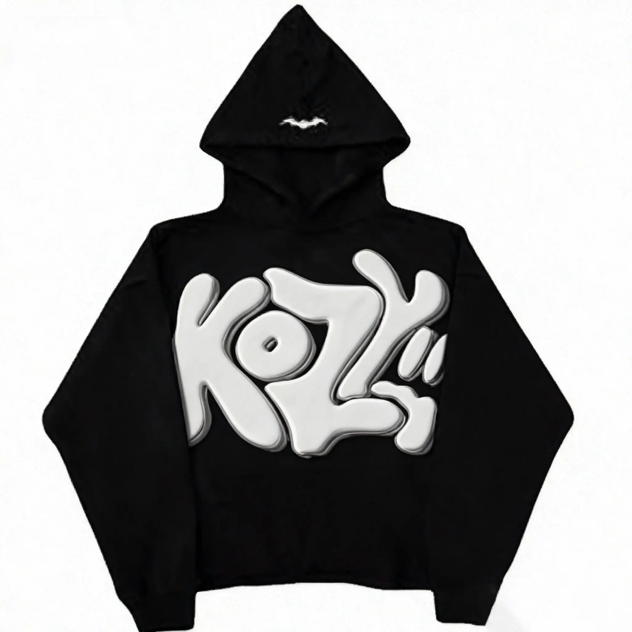 Y2K KOZY Graffiti Hoodie, Men Women Oversized Streetwear Sweatshirt, Gothic Bubble Letter Print Pullover with Bat Detail, Casual Harajuku Style