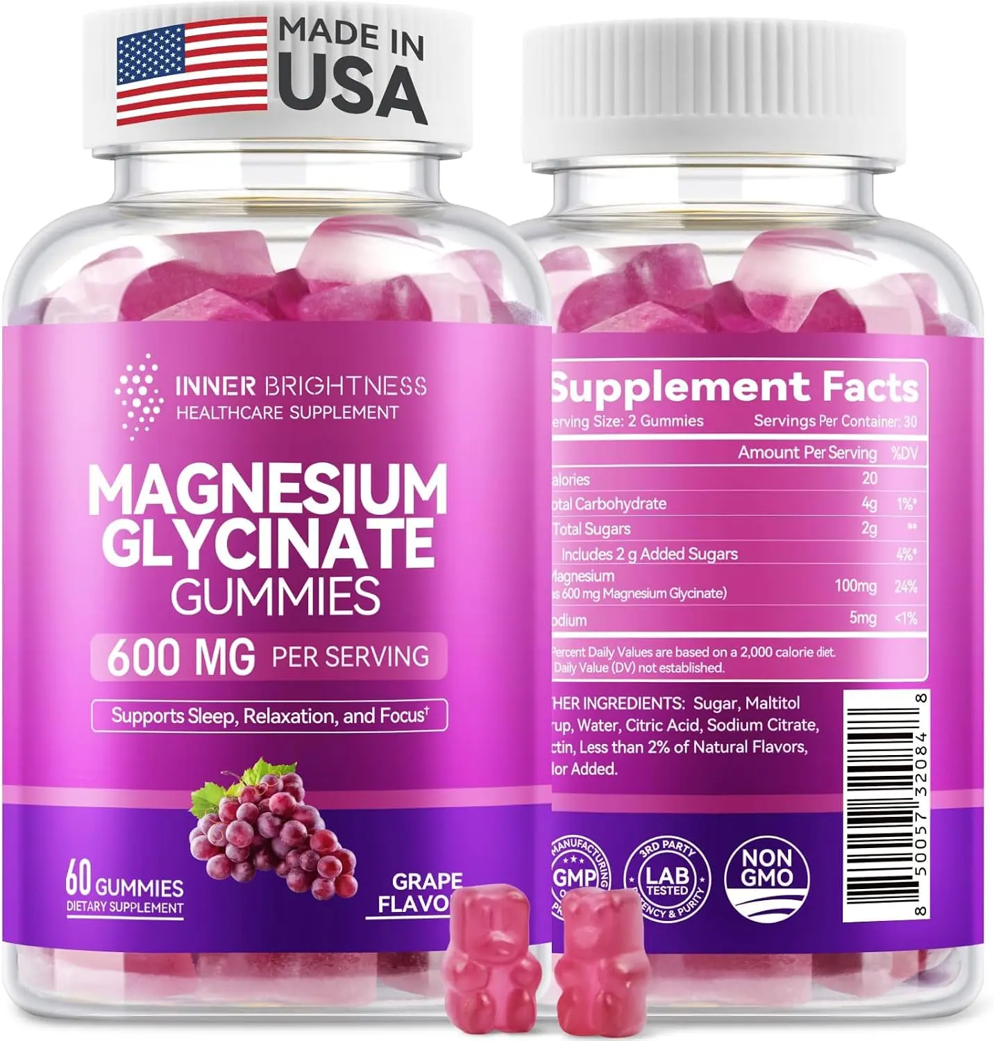 Magnesium Glycinate Gummies 600mg, Sugar-Free - Sleep, Relaxation & Focus Support for Adults & Kids Ages 4+, Non-GMO, Gluten-Free, 60 Count
