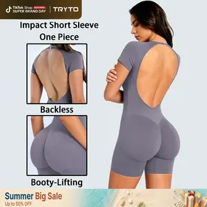TRYTO Impact Short Sleeve One Piece Women's Seamless Workout Unitard Tummy Control Butt Lifting Short Sleeve Yoga Romper