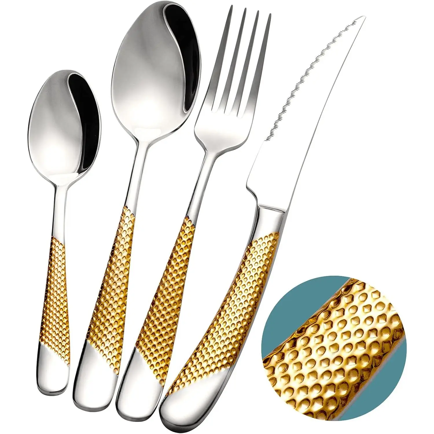 16 count Hammered   Silverware Set, Modern Golden 18/10 Stainless Steel Flatware Set, Kitchen Utensil Set Service for 4, Tableware Cutlery Set,  Forks Spoons Set