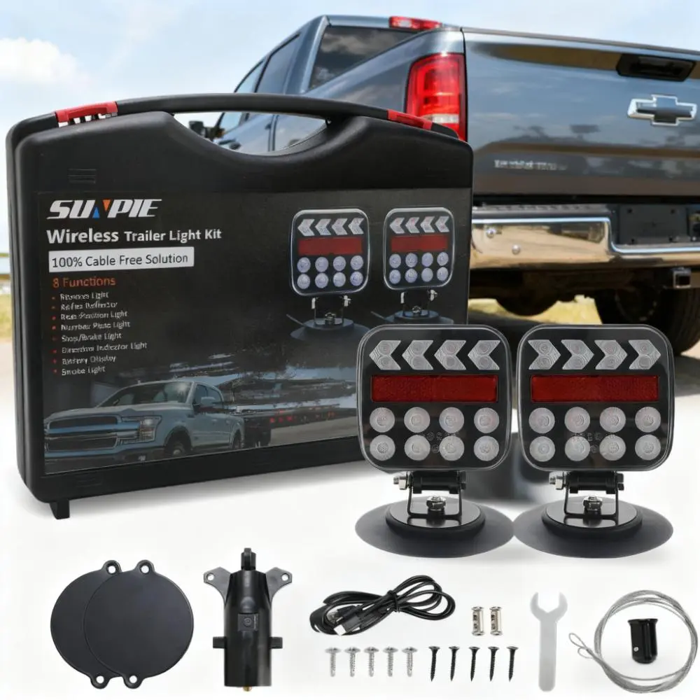 SUNPIE Wireless Magnetic Trailer Lights Kit, 36 LED Fast Charging Tow Lights, 10H Runtime, IP67 Waterproof with Strobe Reverse Mode, 7-Pin Plug Towing Lights for 12V Truck,RV,Boat