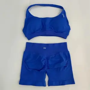 DF~Comfortable yoga wear with zero-feel texture  Impact Bra & Short Set - High Performance Activewear for Women in Plain Blue Color