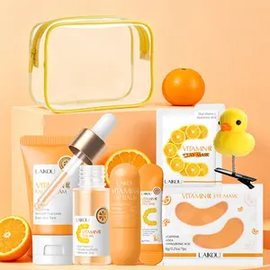 LAIKOU Vitamin C Daily & Travel Facial Routine Glow Kit - Portable 8-Piece Skincare Set for Brightening & Hydrating - Contains Day Cream, Serum, Lip Care, 3 Single-Use Masks with Clear Cosmetic Pouch