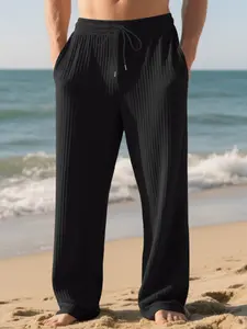 Men's Casual Fitted Long Pants, Loose Straight Leg Jacquard Wide-Legged Trousers, Autumn Winter Fashion, Comfortable Daily Wear, Casual Streetwear Trousers