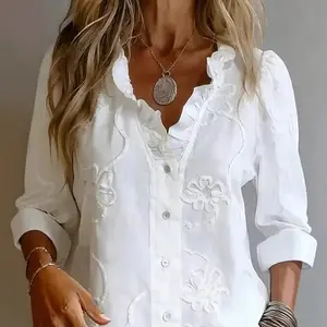 Women's White Textured Floral Embroidery Blouse Ruffled V-Neck 3/4 Puff Sleeve Button-Down Casual Tops