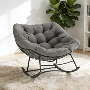 Outdoor Papasan Rocking Chair, Oversized Padded Lounge Rocker with Cushion, Comfy Wicker Egg Lounge Chair, Large Indoor Rocking Recliner for Living Room/Porch/Garden (Dark Grey)Recliner, an oversized egg-shaped chair with a cushion, Patio Rocking Chair, O