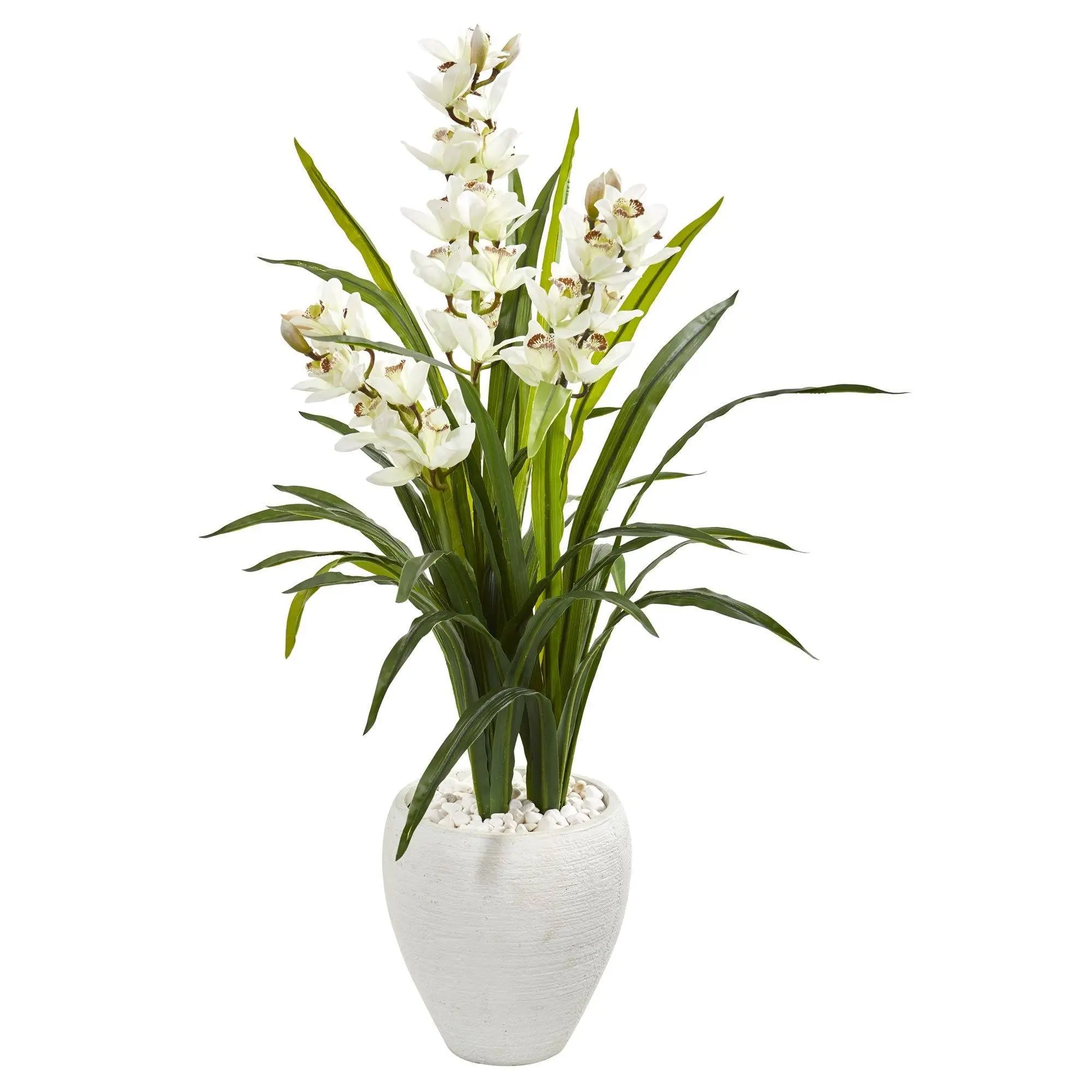 4’ Lifelike Artificial Cymbidium Orchid Plant, Decorative Leaf Accent, White Planter Included, Home Decor for Entryway