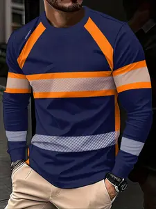 Trendy men's 3D color-blocked patterned long-sleeved T-shirt, versatile crew neck pullover, streetwear, men's top.