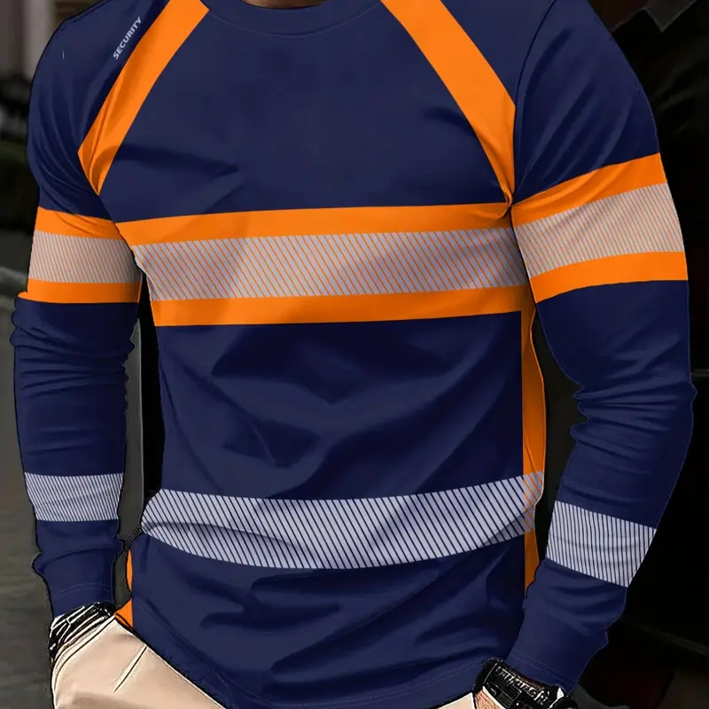 Trendy men's 3D color-blocked print patterned long-sleeved T-shirt, versatile crew neck pullover, streetwear, men's top.