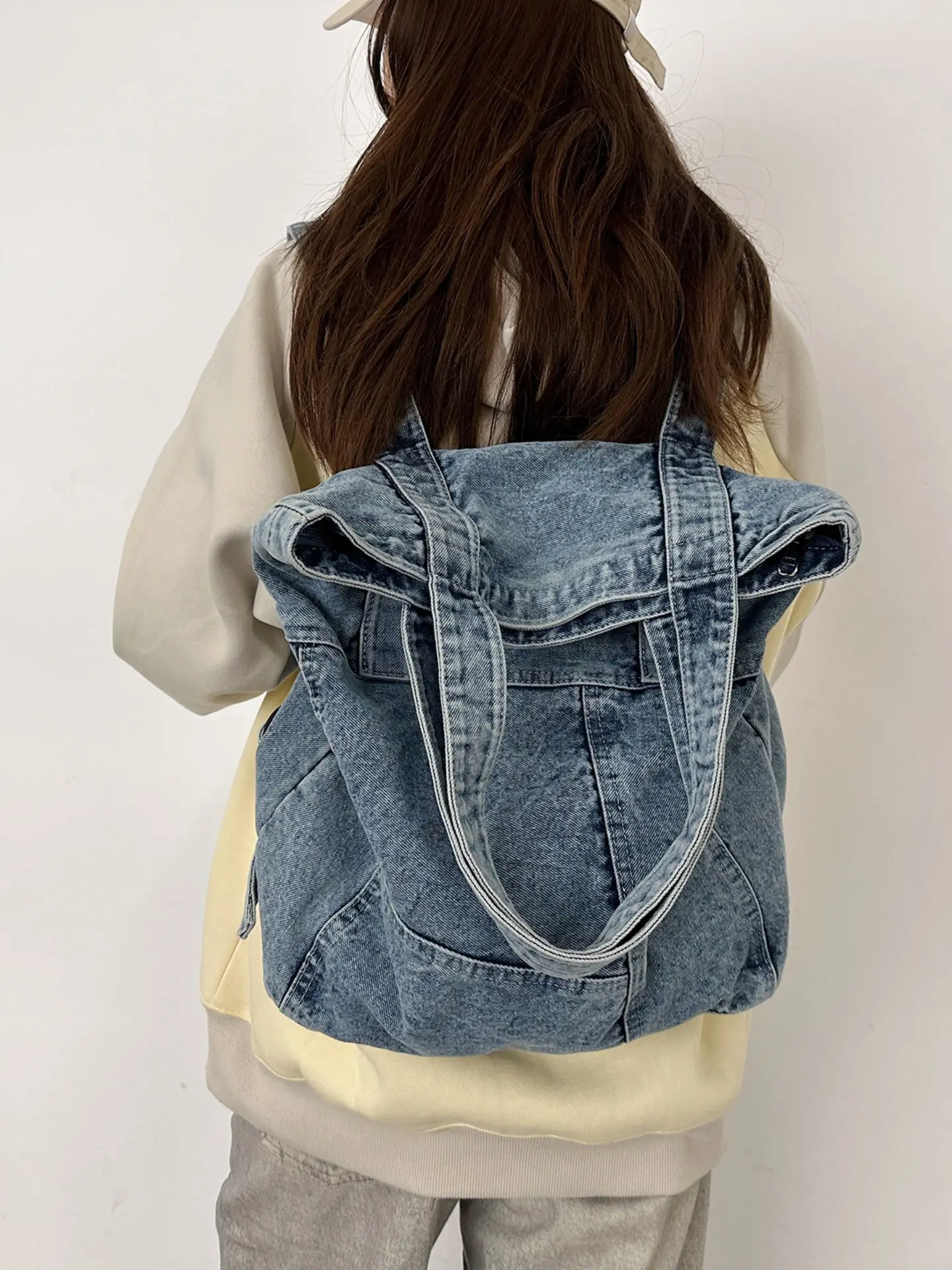 Vintage Denim Tote Backpack, Multi-Purpose Casual Daily Use Bag, Large Capacity Handbag for Students, Retro Style Shoulder Bag