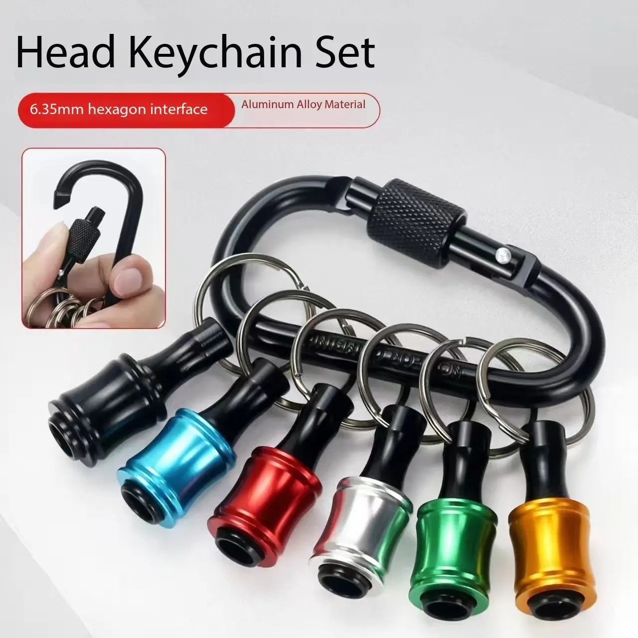6PCS Aluminum Magnetic Bit Holder Keychain Multipack, 1/4-Inch Hex Shank Quick Release Screwdriver Drill Bit Adapter with Secure Hold Screw Lock Carabiner, Durable Portable DIY Home Repair Handyman Tool