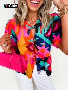 Summer Fashion Abstract Floral Print Front Tie Short Bubble Sleeve Doll Top Blouse, Stylish Women's Casual Wear, Trendy Ladies' Clothing Fit