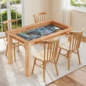 YODOLLA Oak Board Game Table with Removable Table Top, 52" x 29" Play Area, PU Leather Playmat & 4 Cup Holders, Seats 4-6 Players, Dual-Purpose for Gaming & Dining