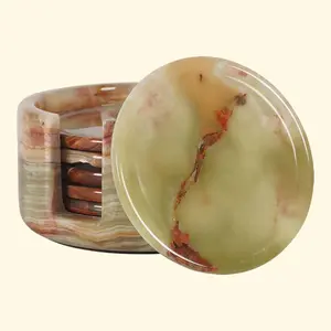 Marmor Krafts Handmade Natural Marble Coaster Set with Holder – 6 Round Polished Onyx Stone Coasters for Drinks, Table Protection & Home Decor – Elegant Gift