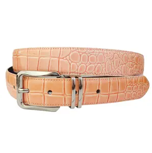 Alligator Print Belt in Leather - Peach Color with Metal Buckle
