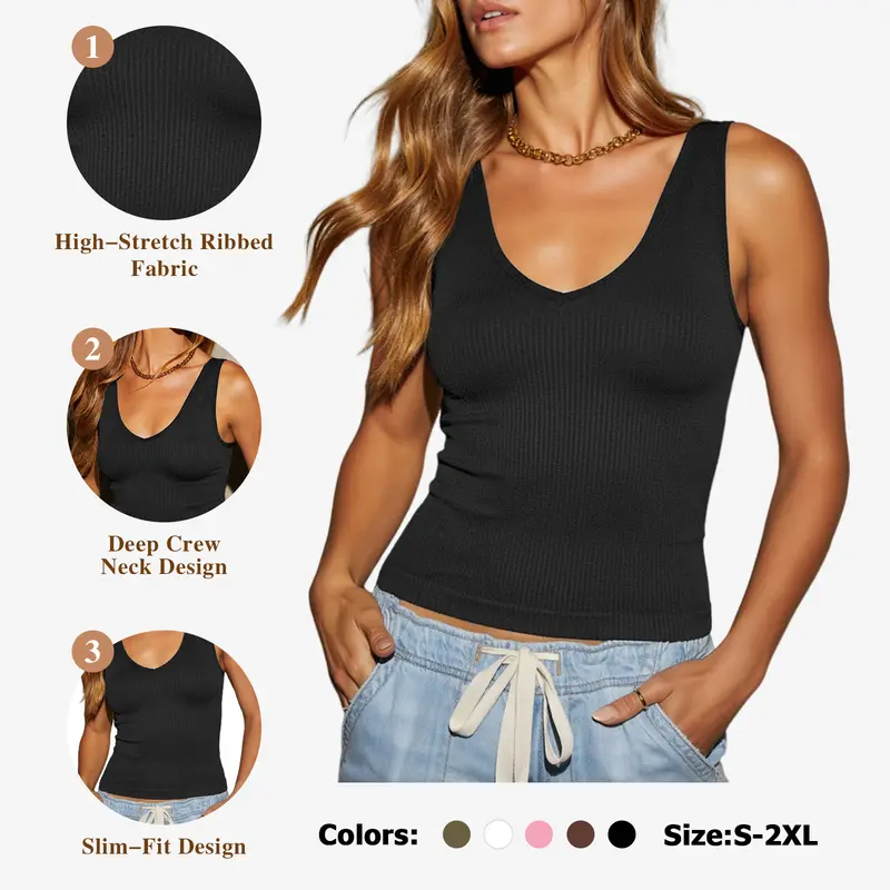 Fisoew Women's Ribbed Style V-Neck Cropped Tank Top - 2026 Trendy Y2K Minimalist Knit Sleeveless Chic Workout & Casual Summer Womenswear