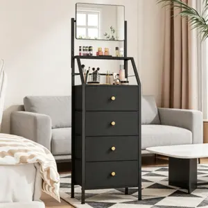 4-Drawer Dresser with Mirror, Vanity Station Equipped with 2-Tier Open Shelves, Fabric Drawer Chest Perfect for Compact Spaces, Vertical Storage Cabinet for Bedrooms, Multi-Purpose Bedside Nightstand Furniture, Black Finish, Width: 15.3 Inches