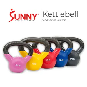 Sunny Health & Fitness Vinyl-Coated Cast Iron Kettlebell 5-25 lbs Adjustable Dumbbells Set for Home Gym Workout Smooth Wide Handle Flat Bottom Non-Slip Grip Strength Training
