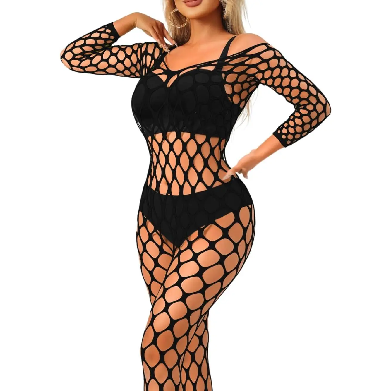 ChiaoLezhee Exotic Fishnet Bodystocking, Rave Glow Outfits, One Size, Sheer Mesh Dancewear Sexy Jumpsuit Plus Wear Dancer