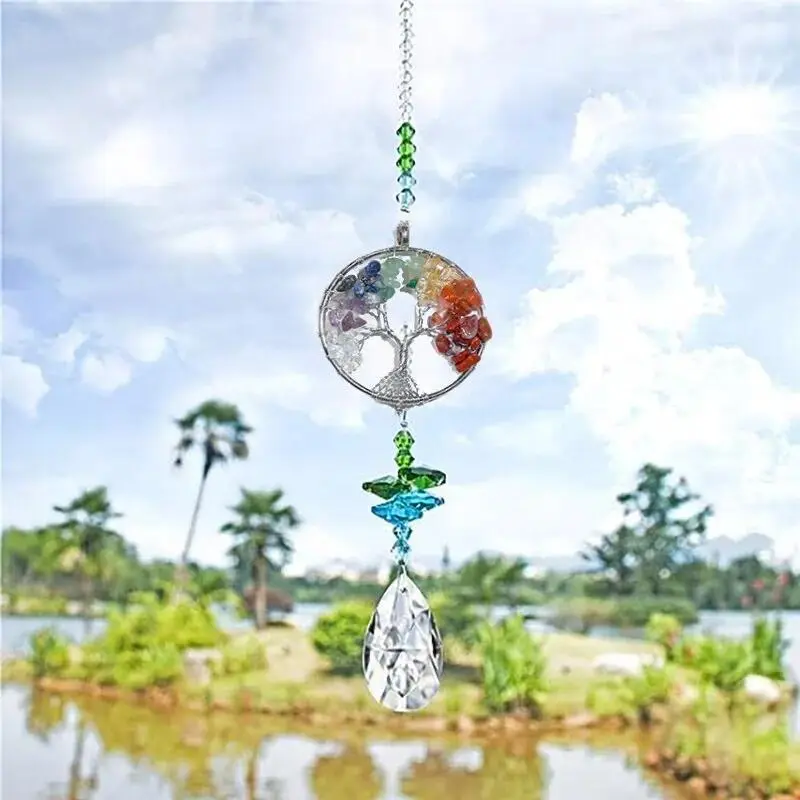 1-Piece Metal Tree Of Life Crystal Wind Chimes Pendant, Hangable Ornaments for Bedroom, Window Hanging Home & Garden Decor, Rainbow Dream Catcher Gift
