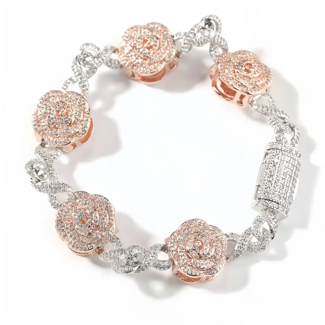 QUEENDO Iced Out Rose Twisted Link Bracelet - 2-Tone Chain with Sparkling Floral Rose Inlay, Adjustable Unisex Hip Hop Stacking Wrist Jewelry, Jewelry for Women, Trendy Gift for Friends & Daily/Party Wear