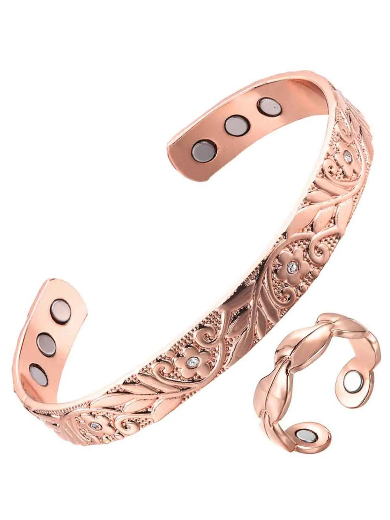 Copper Magnetic Women's Bracelet and Ring Set, Elegant Vintage Jewelry Set, Pure Copper Zirconia Floral Design, Adjustable, Cuff Bracelet Set, Romantic Bracelet Set, Christmas Gift, Birthday Present, Zirconia Jewelry Set