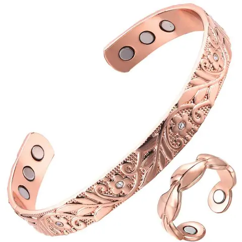 Copper Magnetic Women's Bracelet and Ring Set, Elegant Vintage Jewelry Set, Pure Copper Zirconia Floral Design, Adjustable Copper Bracelet Cuffs, Cuff Bracelet Set, Romantic Bracelet Set, Christmas Gift, Birthday Present, Zirconia Jewelry Set
