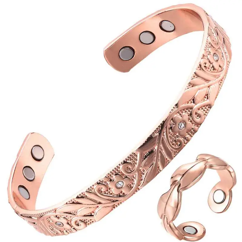 Copper Magnetic Women's Bracelet and Ring Set, Elegant Vintage Jewelry Set, Pure Copper Zirconia Floral Design, Adjustable Copper Bracelet Cuffs, Cuff Bracelet Set, Romantic Bracelet Set, Christmas Gift, Birthday Present, Zirconia Jewelry Set