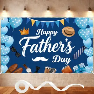 Happy Fathers Day Banner 6x4FT with 32.8ft Ribbon & 4 Brass Grommets, Fathers Day Decorations Backdrop for Photography Indoor Outdoor Family Celebration Wall Door Party Supplies