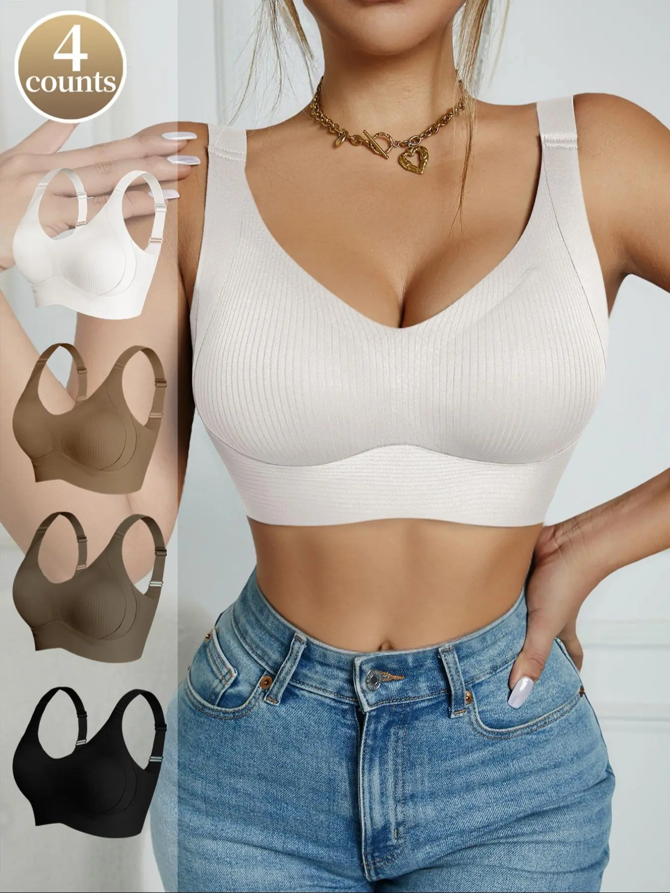Women's Solid Wireless Bra, Wirefree Bra, Comfortable Breathable Backless Push Up Bra, Soft Supportive Lingerie for Daily Wear, Breathable Comfy Bra, Bra Pack