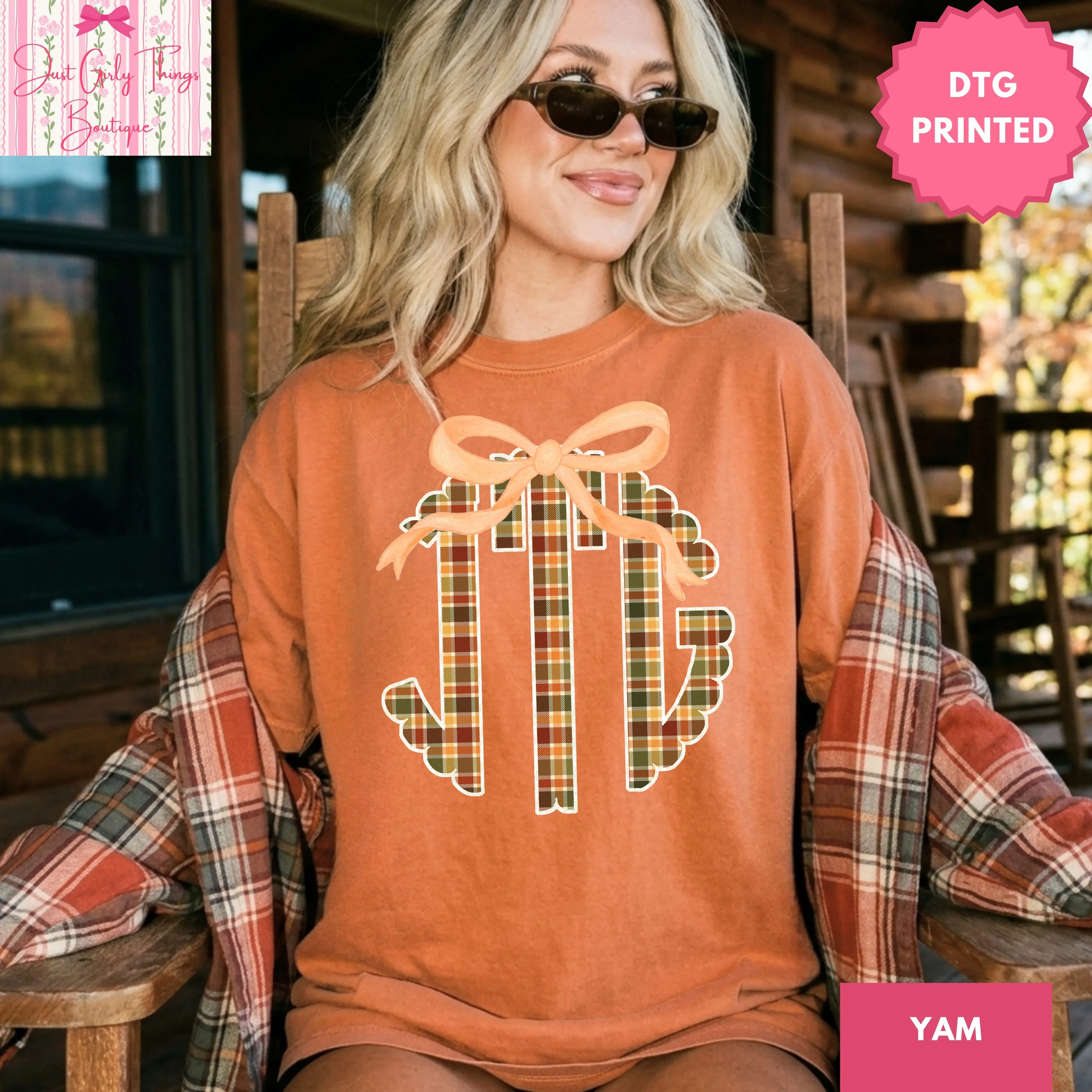 Custom Harvest Plaid Monogram Shirt ~ (Leave First Name Initial, Last Name Initial, Middle Name Initial in Notes at Checkout), Coquette Bow Monogram Tee, Custom Name Shirt, Personalized Name Shirt, Custom Fall Bow Monogram Shirt, Fall Monogrammed Shirt