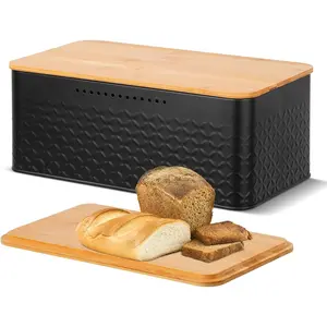 Bread Box, Metal Bread Storage Container with  Lid Usable as  Board, Breadbox Holder for Kitchen Countertop, 13 x 7 x 5.3 inch (Black)