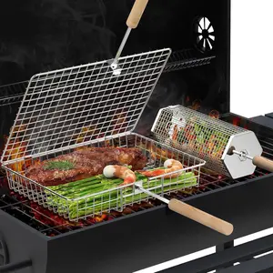 BBQ Grill Basket Set, Rolling Stainless Steel Grill Cage with Removable Wooden Handle, Outdoor BBQ Accessories for Camping, Perfect Gift for Men Dad Husband