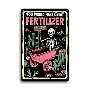 1pc Garden Metal Wall Art Decorative Signs & Plaques - "You Would Make Great Fertilizer Garden" With Skull And Pink Truck Painting Posters For Backyard Patio Farm Garden Pub Kitchen Man Cave Cafe Home Room Restaurant Decoration