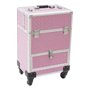 Pink and Silver  Rolling Makeup Case with Wheels Professional 6 Compartments Beauty Organizer Train Case for Cosmetics Tools Nail Polish Jewelry Hair Stylist Travel Storage Portable Storage Box Rolling Cart