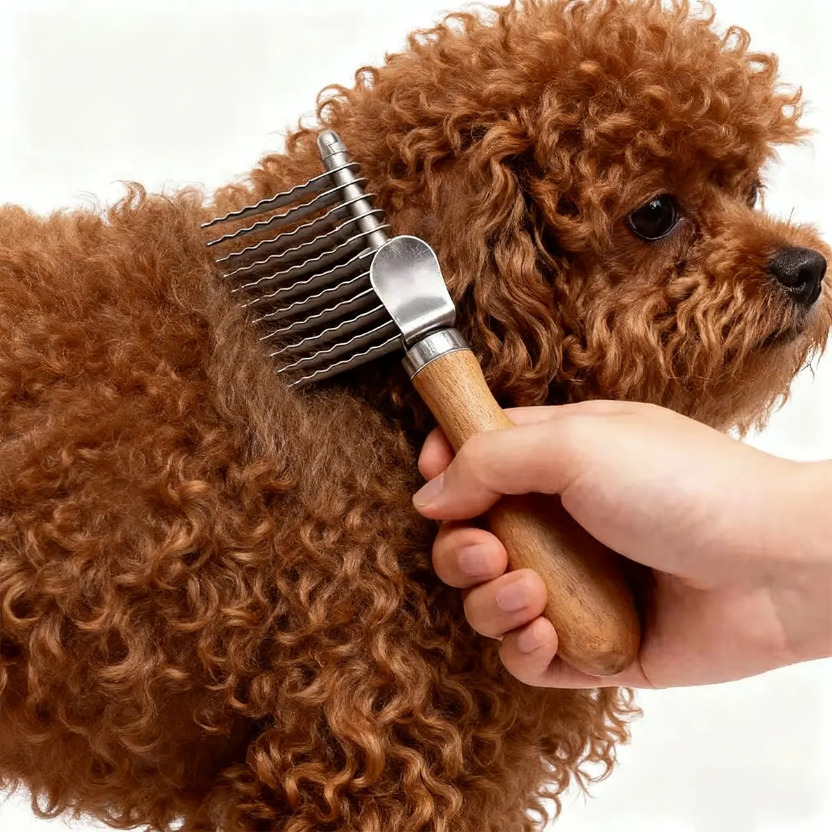 New Upgraded Pet De-Shedding Comb, Dual-Sided Inner Fur Brush, Wooden Handle, Stainless Steel Blades, Grooming Trimming Tool, Deshedding Tool, Poodle Brush, Suitable for Dogs and Cats