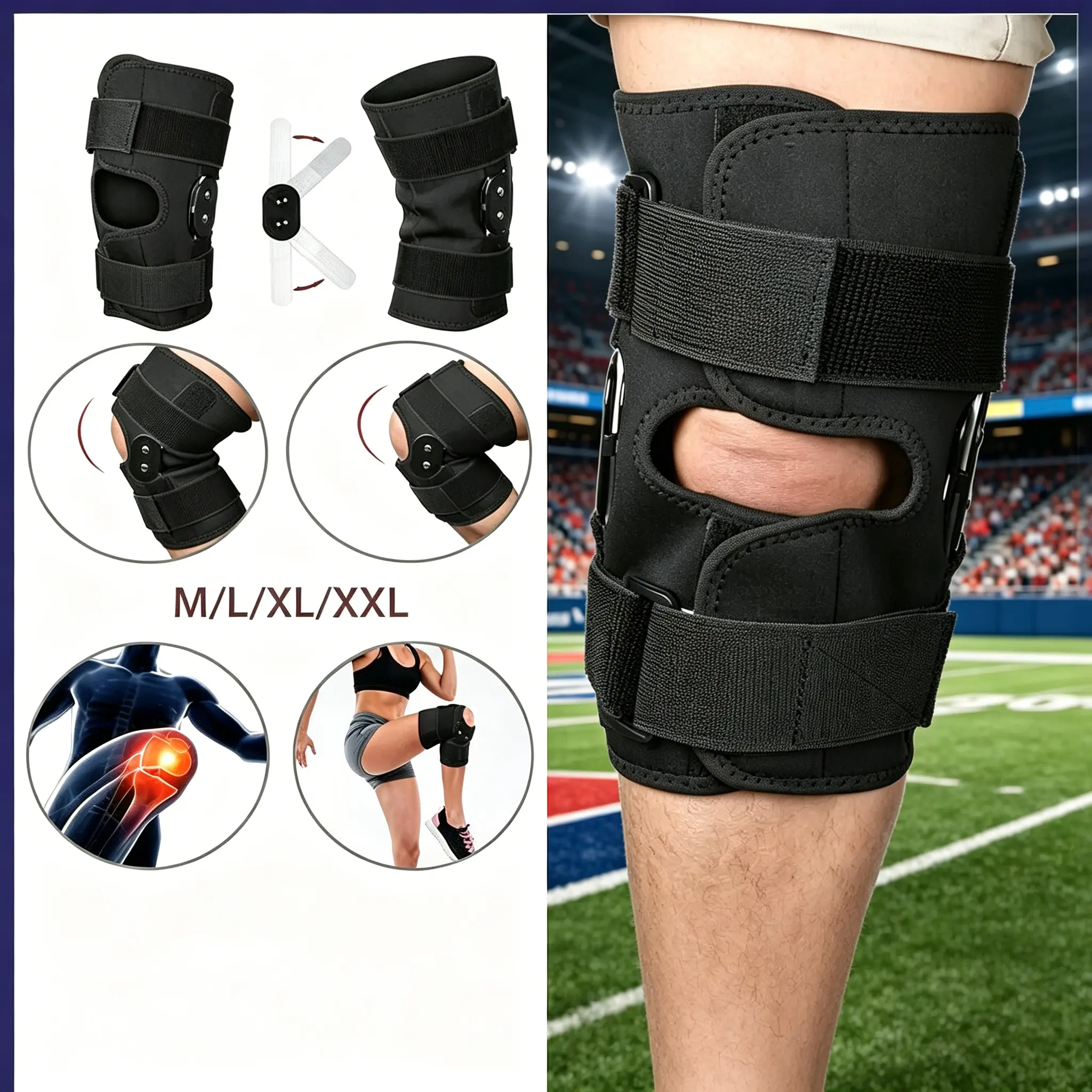 Unisex Adults XL Adjustable Hinged Patellar Knee Brace - Leg Compression Sleeve, Sports Support Gear, Fitness Knee Wraps