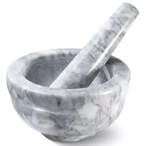 Granite Mortar and Pestle with White Marble Finish Set Use in Grey 4.5" Diameter