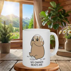 My Owner Beats Me Funny Dog 11oz Mug, Cute Guilty Puppy Graphic Coffee Cup, Dark Humor Pet Lover Gift, Sarcastic Ceramic Mug for Dog Moms Dads
