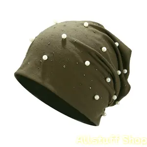 Women's Faux Pearl Decor Solid Color Elastic Skull Cap - Soft Slouchy Baggy Chemo Beanie, Flexible Stretch Hats, Stretchable Hats